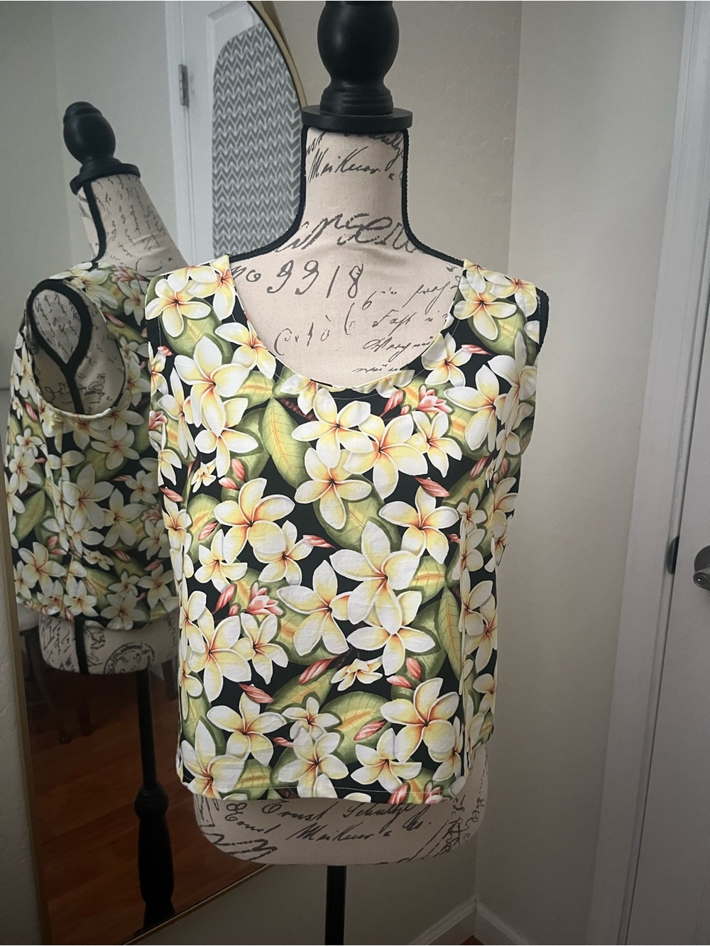 Floral Plumeria Print Tank Top in Black and Yellow.  This is 100% cotton.
